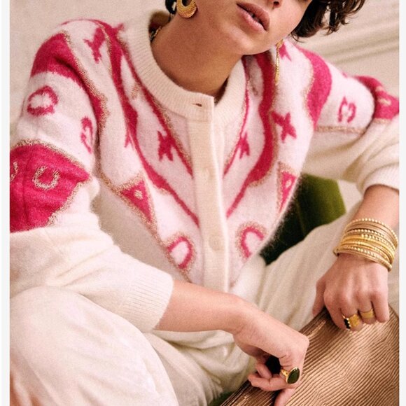 NWT Sezane Margaux Cardigan Fair Isle Knit White Pink Wool Blend Sweater - Picture 3 of 9